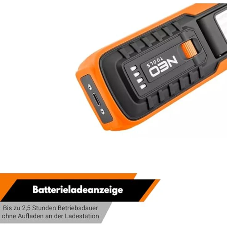 NEO TOOLS Akku-Werkstattlampe 500 lm COB LED, 2 in 1 Lampe mit Sockel und Ladegerät, Arbeitsleuchte mit Magnet und Haken, 3,7 V Li-Ion-Akku 2600 mAh – Bild 5