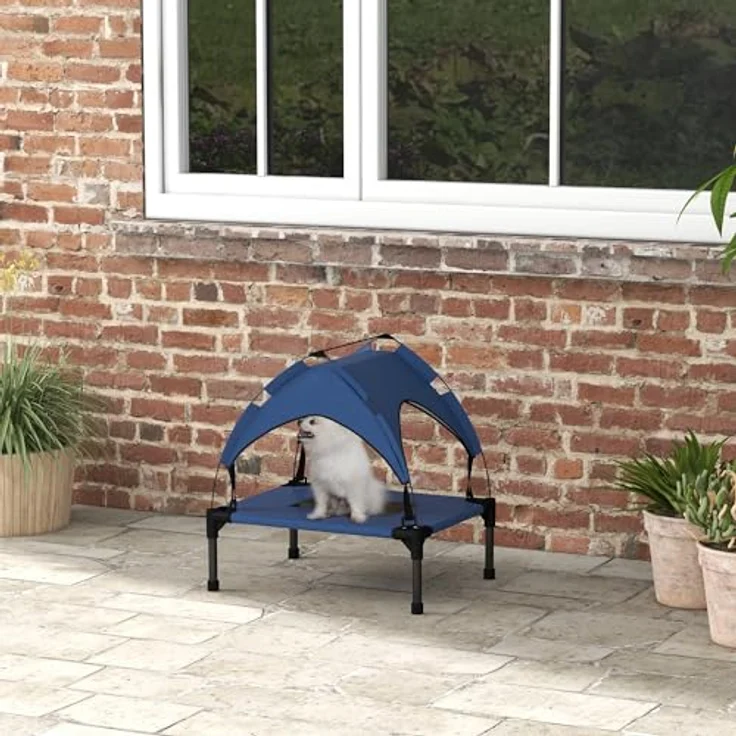 PawHut Erhöhtes Hundebett mit Baldachin, Haustierbett, Outdoor Hundeliege mit Dach, Atmungsaktiv, für Mini- und Kleinhunde Dunkelblau Oxford 61 x 46 x 63 cm – Bild 2