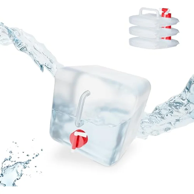 relaxdays Faltkanister 4er Set, 5 Liter, tragbare Wasserbehälter, transparent/rot, mit drehbarem Zapfhahn und platzsparend zusammenfaltbar – Bild 1