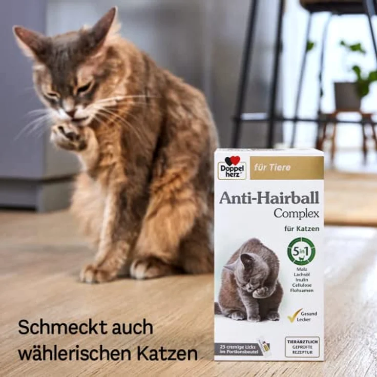 Doppelherz Anti-Hairball Complex für Katzen – Mit wertvollen Faserstoffen und Ölen zur Unterstützung der Verdauung bei Haarballen – 25 cremige Licks – Bild 5