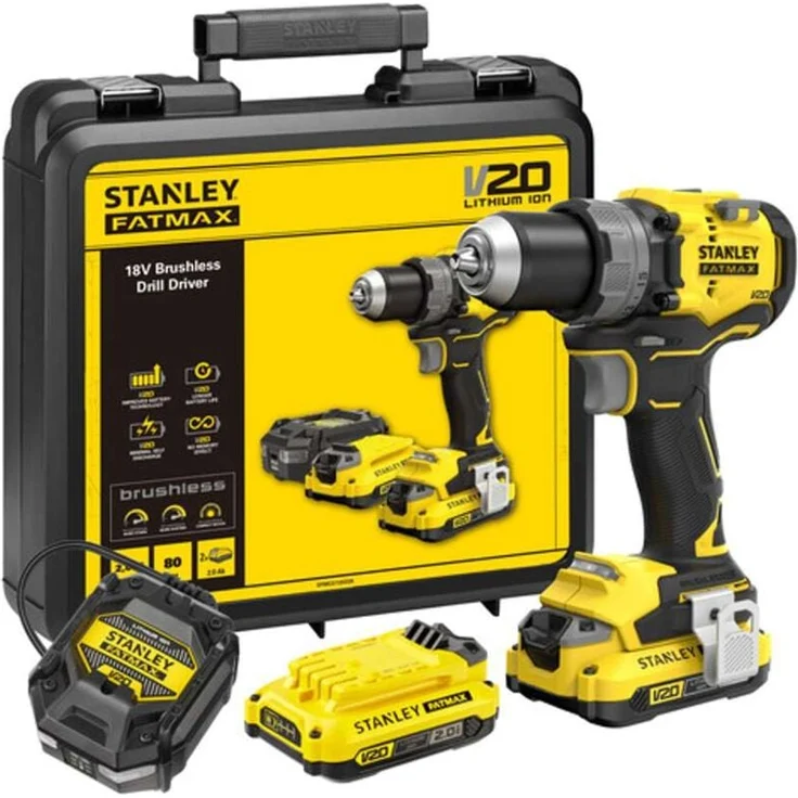 Stanley FATMAX V20 18V Akku-Bohrschrauber, 2x 2,0 Ah Li-Ion Akku, 80 Nm Drehmoment, inkl. Ladegerät und LED-Leuchte