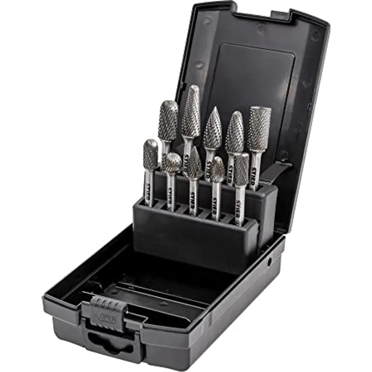 STIER Frässtifte-Set 10-teilig, 6 mm Schaftdurchmesser, Fräsformen: Zylinder Stirnverzahnung Walzenrundform Oval Tropfen Spitzbogen, hohe Schnittgeschwindigkeit 840 m/min
