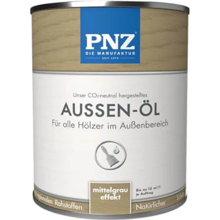 PNZ Außen-Öl, Nachhaltig hergestellt mit regionalen Rohstoffen, Made in Germany, 2.5L, Farbe: mittelgrau effekt für Holzdeck, Holz-Terrasse, Fenster, Türen, Gartenhäuser, Spielgeräte – Bild 1