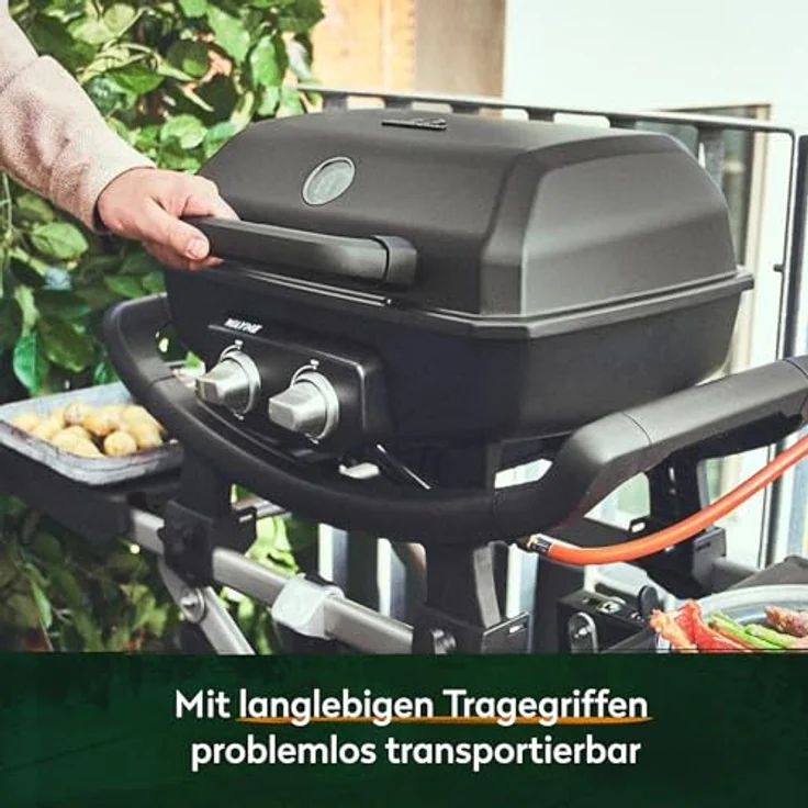 BURNHARD 2-Brenner Gasgrill Wayne 4,4 kW – Tragbarer Balkongrill - Tischgasgrill klein mit Aludruckguss Brennkammer inkl. Abdeckhaube - Gusseisen Grillrost, Schwarz – Bild 5