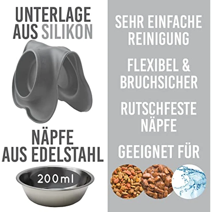 KaraLuna Napfunterlage aus Silikon mit Edelstahl Futternapf I Für Katzen & Hunde (200ml, Grau) – Bild 4