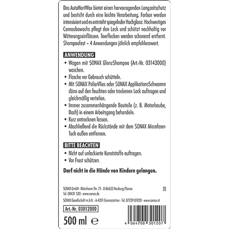 Sonax Auto Hart Wax 500ml KFZ Lack Pflege Carnauba Wachs entfernt Teerflecken – Bild 2
