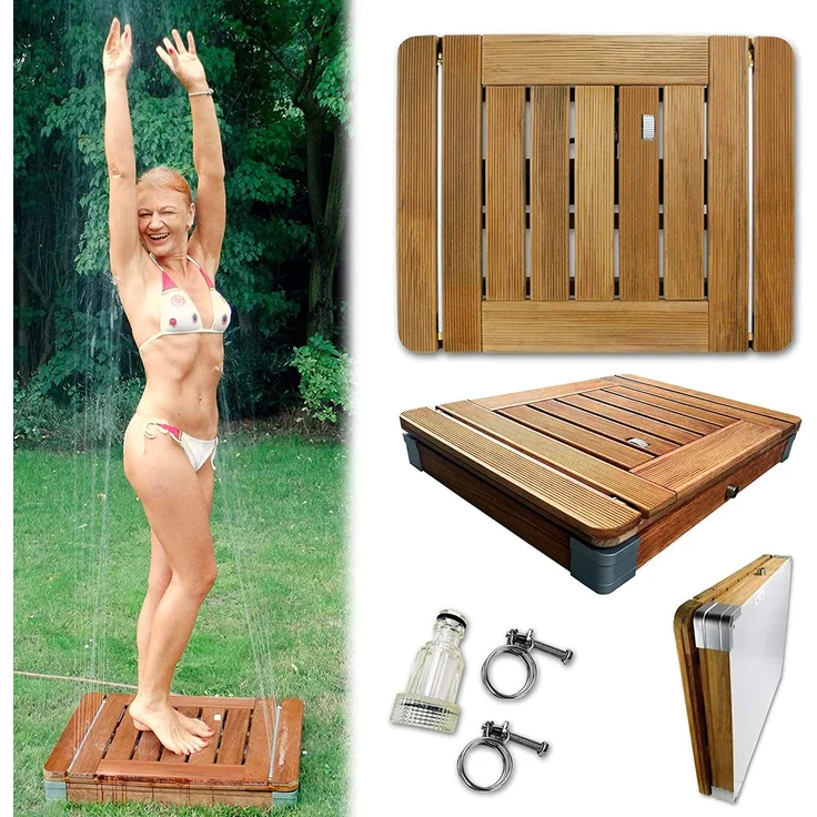@tec Gartendusche Outdoor Dusche aus massivem Teak-Holz - Tritt-Mechanismus, Pool-Dusche, Sauna-Dusche, Aussendusche mit Bodenplatte, Jump-On-Shower