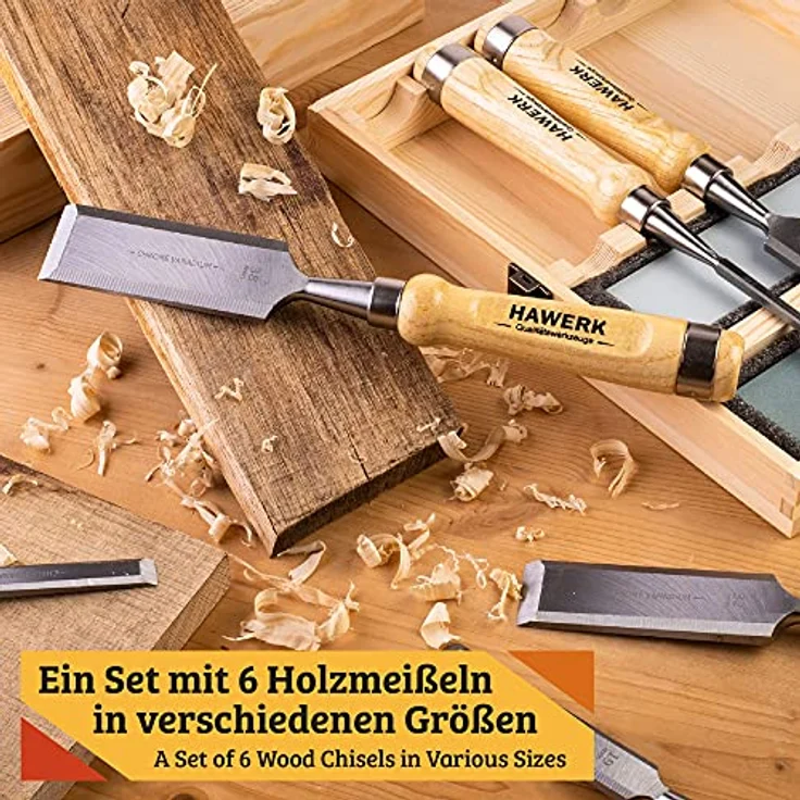 Hawerk Stemmeisen Stechbeitel Set für Holz | 6 Beitel + 2 Abziehsteine + Koffer von Hawerk - Stecheisen Satz für Anfänger und Profis - Holzmeiselset für Holzarbeiten – Bild 4