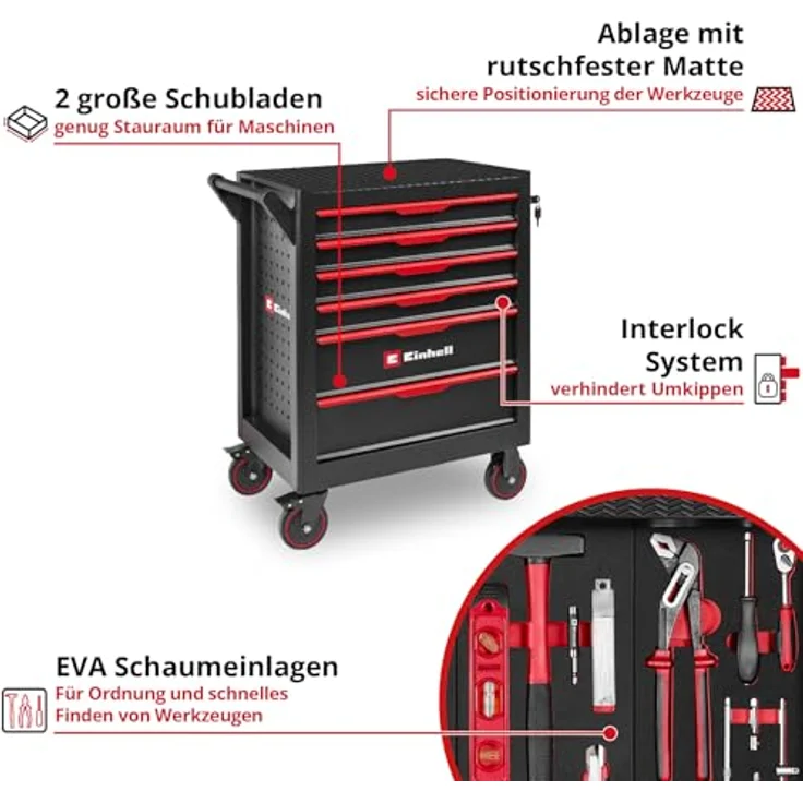 Einhell Werkstattwagen 149-tlg., inkl. 70 Bits, 11 Ringgabelschlüssel und Zangen, kugelgelagerte Schubladen, abschließbar, mobil – Bild 6