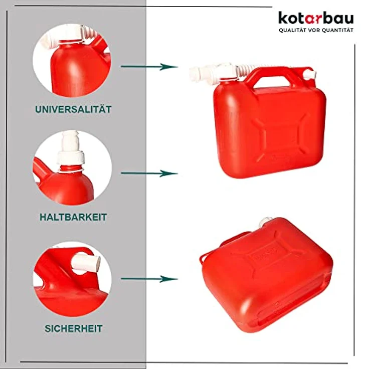 KOTARBAU® Benzinkanister aus Kunststoff, 5L mit Ausgießer, rot/weiß, für alle Kraftstoffarten, strapazierfähig und langlebig – Bild 3