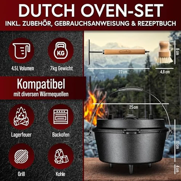 GUSSKÖNIG Dutch Oven Set, Eingebrannter Gusseisen Feuertopf 4,5L für 2-4 Personen mit Füßen, 2-in-1 Deckelheber, Bürste & Rezeptbuch, 30 Jahre Garantie – Bild 2