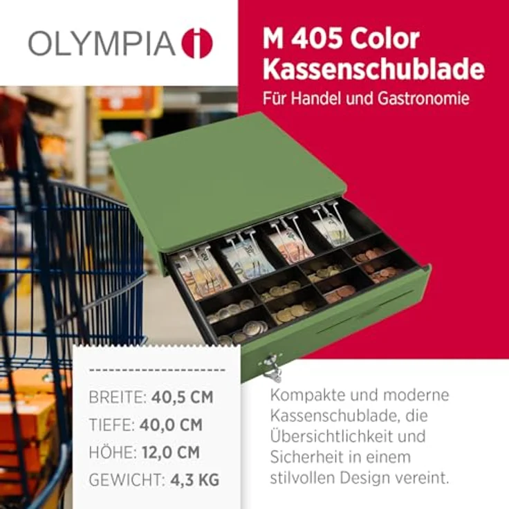 Olympia M 405 Grün, Kassenlade mit 8 Münzfächern, 4 Scheinfächern, Vollmetallgehäuse, elektrischer Anschluss RJ11/RJ12, Schloss und Schlüssel – Bild 2