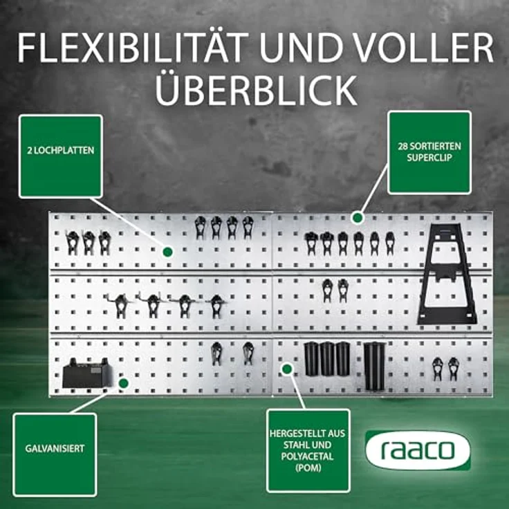 Raaco 2 TWP Set, verzinkte Werkzeugwand mit 28 SuperClips, 104 x 88 cm, 150 kg Tragfähigkeit, erweiterbares Ordnungssystem für Werkstatt, Garage & Hobbyraum – Bild 2