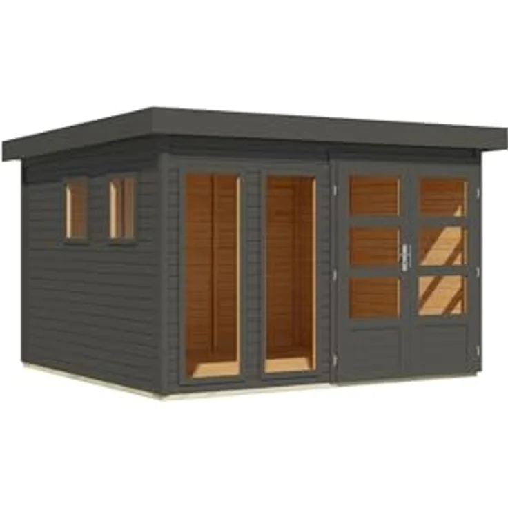 CHILLROI® Karibu Gartenhaus Pentus, lichtdurchflutetes Flachdach-Design aus nordischer Fichte, verschiedene Größen, terragrau, XL, inklusive Anbaudach – Bild 2