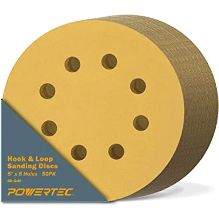 POWERTEC 44006 g-50 12,7 cm 8 Loch Körnung 60 Haken- und-Loop Schleifscheiben – Gold (50 Pack)