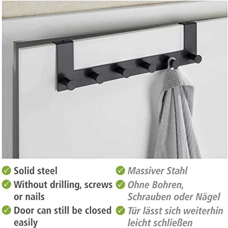 WENKO Türgarderobe Celano, Hakenleiste mit 6 Haken aus lackiertem Stahl für Türfalzstärken bis 2 cm, schwere Qualität, 39 x 11 x 5,5 cm, Schwarz – Bild 2