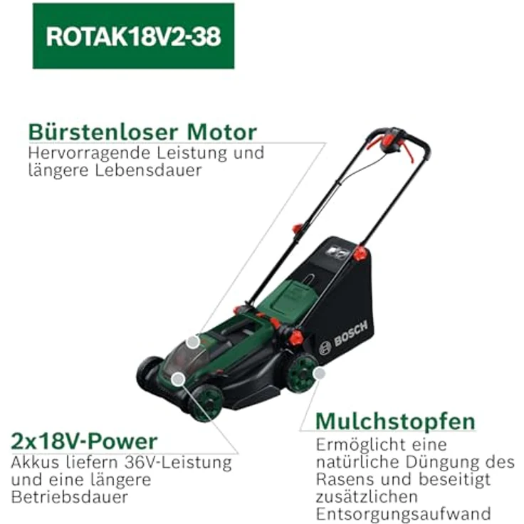 Bosch Akku-Rasenmäher Rotak18V2-38, 38 cm Schnittbreite, inkl. 2 x 18 V Akkus und Ladegerät, 3-in-1 Funktionalität und zentraler Schnitthöhenverstellung – Bild 3