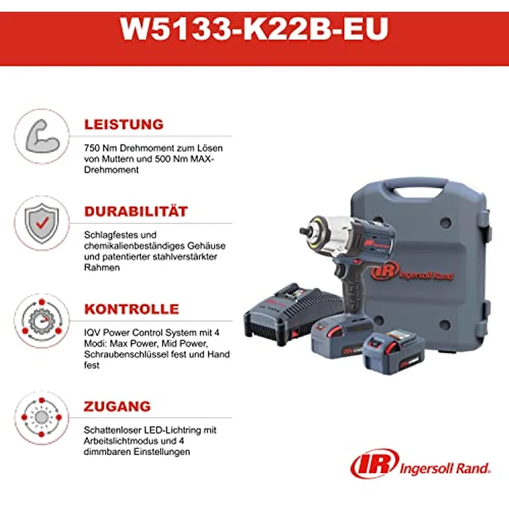 Ingersoll-Rand W5133-K22B-EU 3/8 Zoll 20V Akku-Schlagschrauber, 750 Nm Lösemoment, 360° LED-Lichtring, 2x Li-Ion Akkus, Ladegerät, Tragetasche – Bild 2