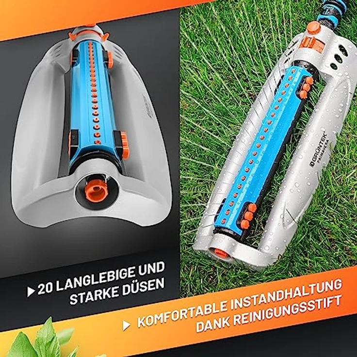 GRÜNTEK Viereckregner Rasensprenger mit Turbo-Motor, Bewässerungsfläche bis 462 m2, 20 Düsen, stufenlos regulierbare Sprengbreite bis 18 m, stoßfester ABS-Kunststoff – Bild 4
