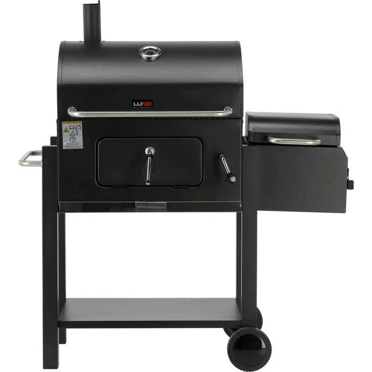 paymali Lund Deluxe Holzkohlegrill mit Smoker, schwarz, wetter- und korrosionsbeständig, Höhenverstellung, Thermometer, 112 x 62 x 121 cm
