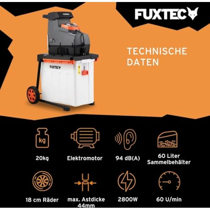 FUXTEC Elektro Gartenhäcksler FX-EGH2800B, Walzenhäcksler mit 2800W Leistung, zerkleinert Äste bis 44mm, leise 94 dB(A) mit 60L Auffangbox und Überlastschutzsystem – Bild 3