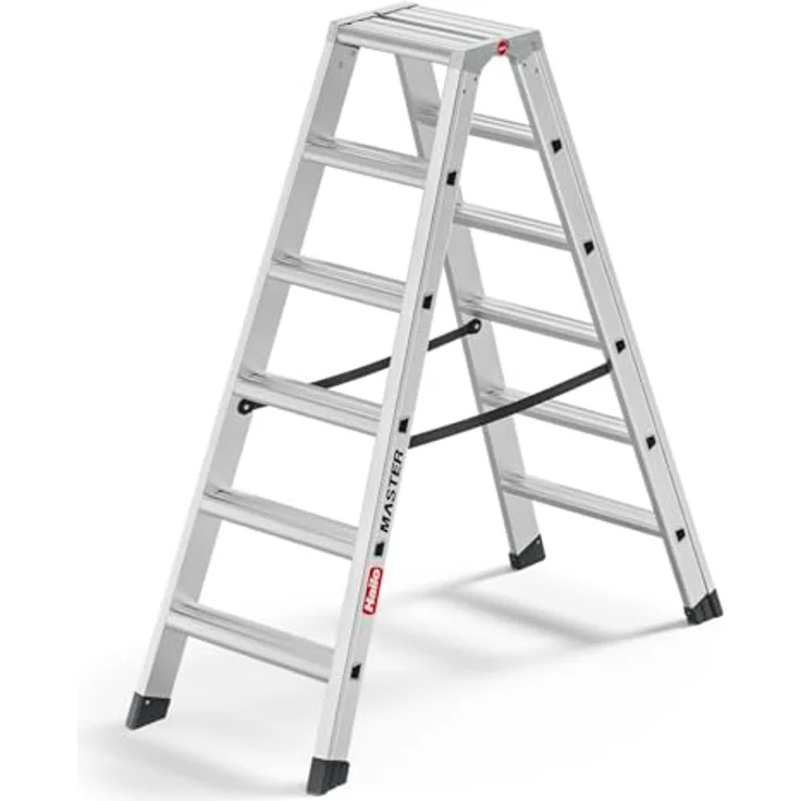 Hailo Master D100 Aluminium Doppelstufenleiter, beidseitig begehbar, breite rutschhemmende Stufen, große Abstellfläche, 2 x 6 Stufen, EN 131 geprüft, belastbar bis 150 kg – Bild 1