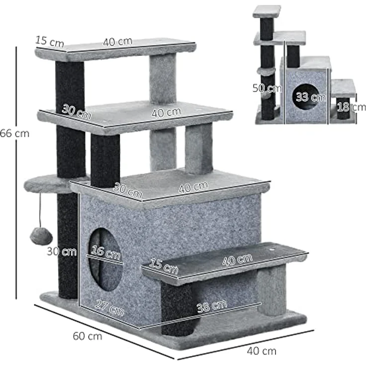 PawHut Haustiertreppe, 3/4-stufige höhenverstellbare Katzentreppe mit Schlafhöhle 2 in 1 praktische Hunderampe für kleine Hunde und Katzen Einstieghilfe für hohe Betten Sofa Grau 60 x 40 x 66 cm – Bild 3