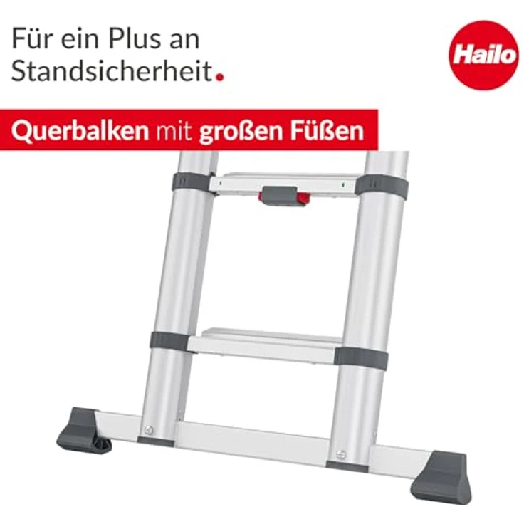 Hailo Master T100 FlexLine Sicherheits-Teleskopleiter, ausziehbare Aluminiumleiter mit 11 Stufen, max. Arbeitshöhe 420 cm, belastbar bis 150 kg, Silber – Bild 3