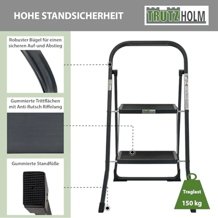 TRUTZHOLM Trittleiter 2 Stufen, klappbar, TÜV/GS zertifiziert, 150 kg Traglast, Anti-Rutsch Trittflächen, Sicherheitsverriegelung, anthrazit – Bild 4