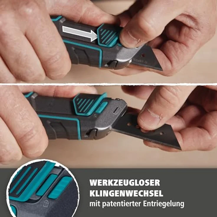wolfcraft Trapezklingen-Messer-Set PRO SAFETY, Sicherheitsmesser mit extrascharfen Ersatzklingen und Köcher, ergonomisch für Links- und Rechtshänder – Bild 4