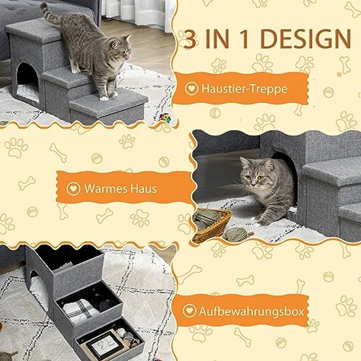 PawHut Hundetreppe, 3 Stufige Katzentreppe mit Höhle, Haustiertreppe mit Stauraum, Kissen, 3-in-1 Haustierrampe, bis 10 kg Belastbar, für Sofa, Bett, Leinen, Hellgrau – Bild 5