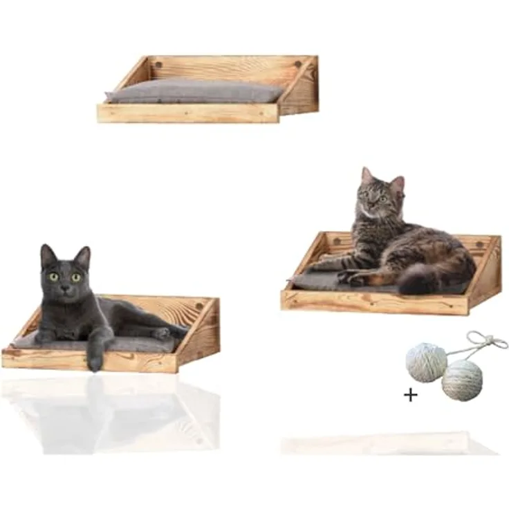 Rohrschneider® Katzen Kletterstufe mit Kissen | Katzentreppe Wand als Spiel- und Trainingsmöglichkeit | Katzen Wandelement sicher u. stabil | Katzenwandmöbel aus hochwertigen Materialien (3er Set)