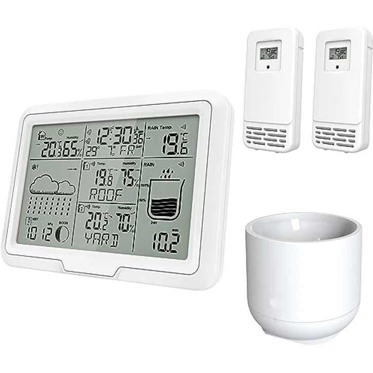 Miraval Design Funk-Wetterstation mit 2 benennbaren Sensoren, Regenmesser, Mondphasenanzeige, Luftfeuchtigkeit und Temperaturanzeige, Alarm, Weiß – Bild 1