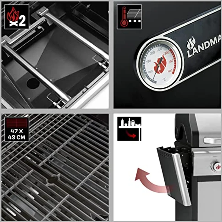LANDMANN Gasgrill auf Lenkrollen Triton PTS 2.0 silber, 2 Brenner, 7.000 Watt, Maße 48 x 44 cm, 2.112 cm² Grillfläche – Bild 4