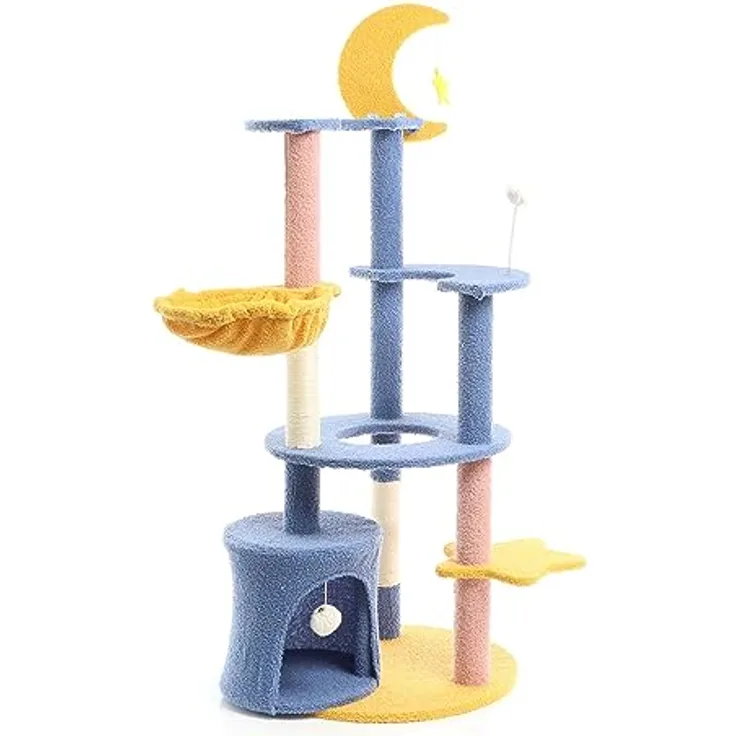 Fudajo Kratzbaum mit Mond und Sterne 132 cm hoch, Katzenkratzbaum in Blau/Gelb, Katzenbaum mit Katzenhaus und Liegemulde, Katzenmöbel mit Spielbälle