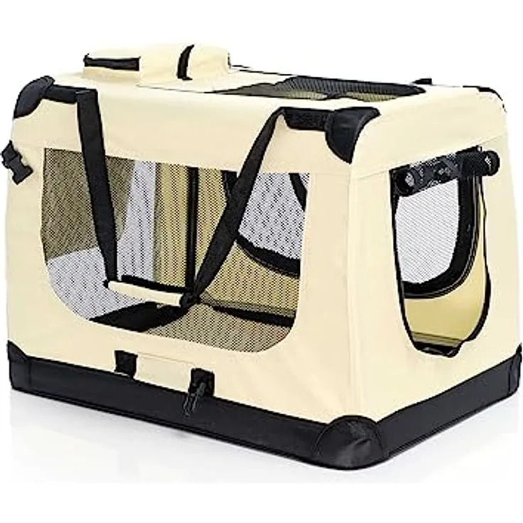 Fudajo Faltbare Transportbox für Hunde, Katzen L (70x52x50cm), robust, leicht, sicher, Hundebox mit Tragegriff und Decke, Beige