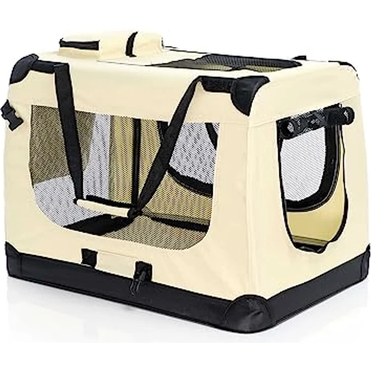 Fudajo Faltbare Transportbox für Hunde, Katzen L (70x52x50cm), robust, leicht, sicher, Hundebox mit Tragegriff und Decke, Beige – Bild 1