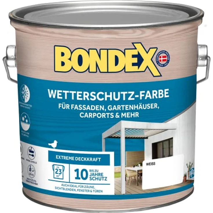 Bondex Wetterschutz Farbe Weiß 2,5 L für 23 m² | Extreme Deckkraft | Hervorragende Witterungsbeständigkeit | seidenglänzend | Wetterschutzfarbe | Holzfarbe – Bild 1