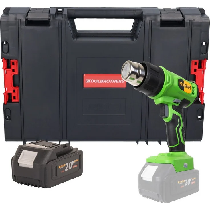PRO CRAFT Heißluftgebläse PH24bb, 20 V mit Temperaturregelung 50 - 550 °C, 1x Akku 4,0 Ah, inkl. 3 Düsen und RHINO Toolcase - ohne Lader