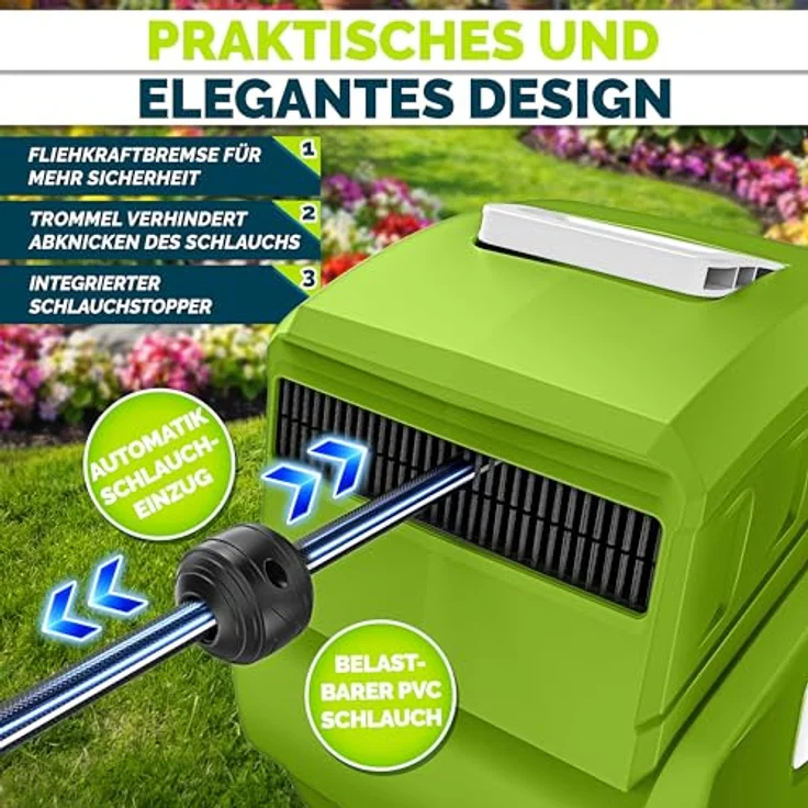tillvex Schlauchtrommel Wasser mit Wandhalterung, 35m Gartenschlauch, 180° schwenkbar, Handbrause mit 9 Funktionen, Aufroll-Automatik, grün – Bild 5