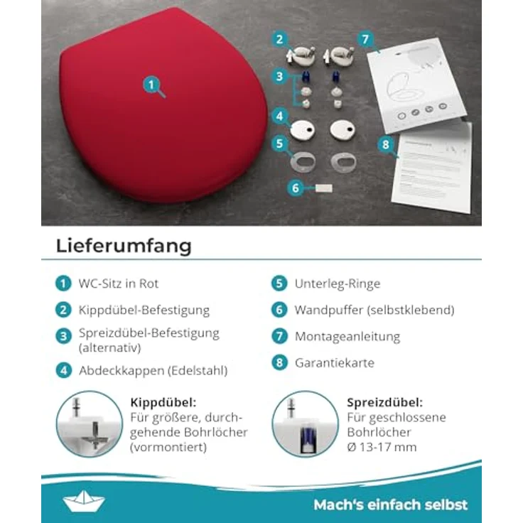 Calmwaters WC Sitz Premium Rot, Absenkautomatik, antibakteriell, abnehmbar, Duroplast, 250 kg Tragkraft, universale Standard-Form – Bild 8