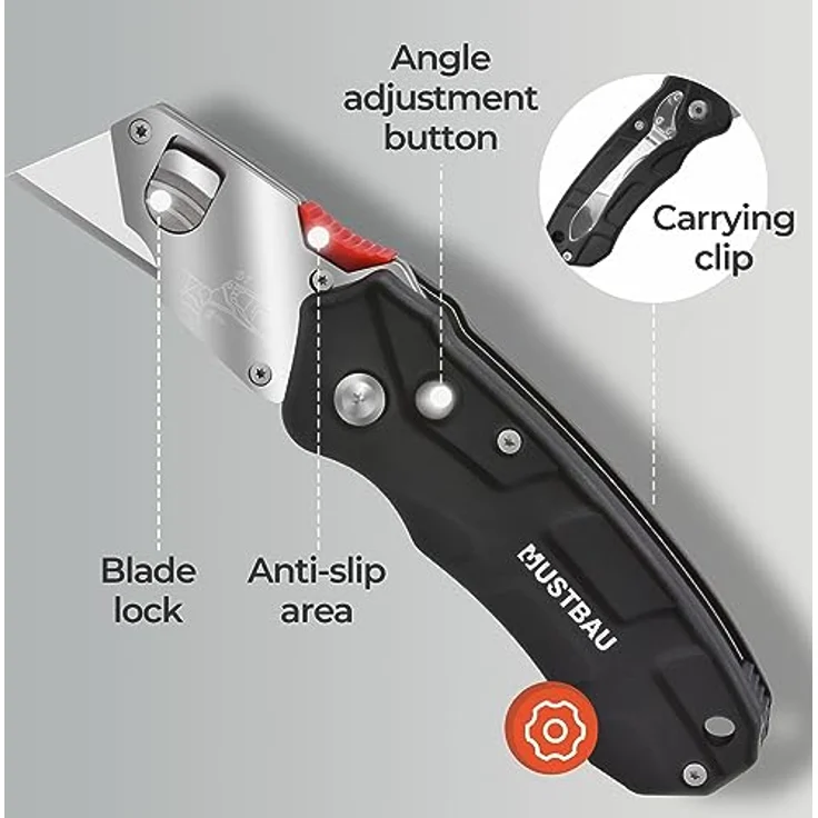 Mustbau Professional Universalmesser, Klappmesser im Metall-Griff schwarz (Inkl.10 Stück SK5 Ersatzklingen), Cuttermesser Profi mit Safety-Lock,Winkelschloss, Teppichmesser Arbeitsmesser – Bild 3