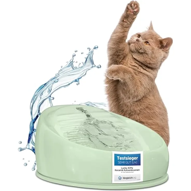 Lucky-Kitty Trinkbrunnen 1,5L, Keramik Trinknapf mit Pumpe für fließendes Wasser, extralanges Kabel (2m), spülmaschinengeeignet, handgefertigt