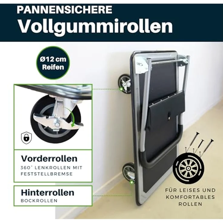 PROREGAL® Transportwagen RHINO, Klappbarer Profi-Transportwagen mit 300 kg Traglast, 2x 360° Lenkrollen & 2x Bockrollen mit Feststellbremse, rutschfeste Ladefläche, praktischer Werkzeugtasche – Bild 5