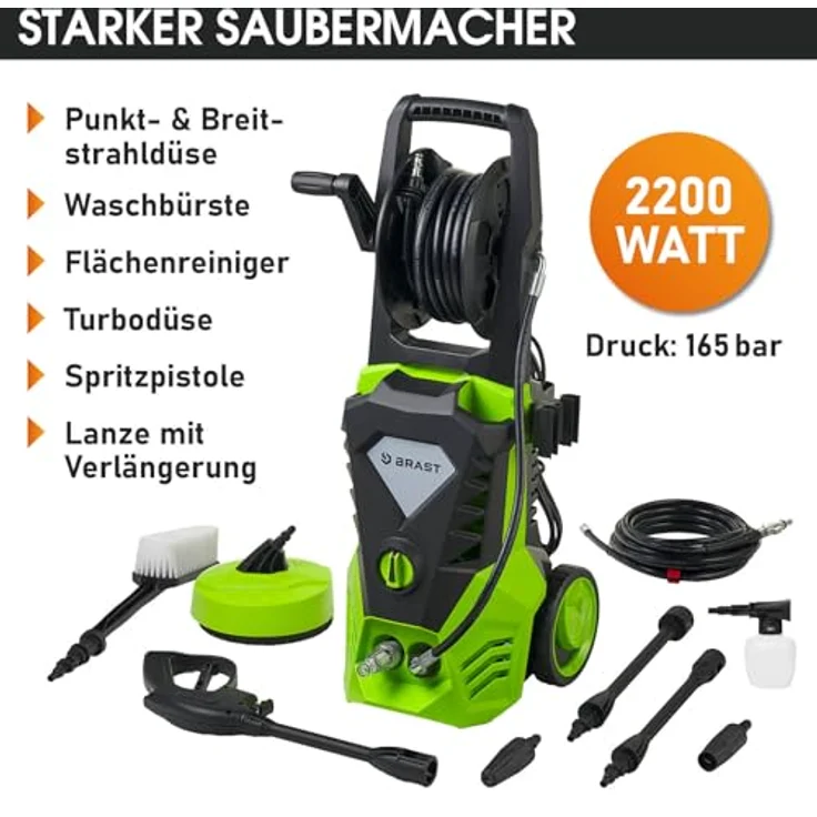 BRAST Hochdruckreiniger Elektro Power 2200W, 165 bar, 468 l/h Fördermenge, inkl. 11-tlg. Zubehörset, mobiler Flächenreiniger, 10m Hochdruckschlauch mit Schlauchtrommel – Bild 6