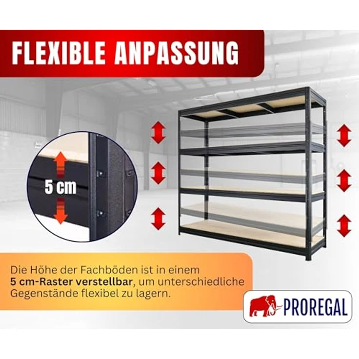 Proregal Schwerlastregal DINO, H 180 cm, B 200 cm, T 60 cm, Traglast 500 kg pro Boden, 4 verstellbare Böden, Schwarz – Bild 4