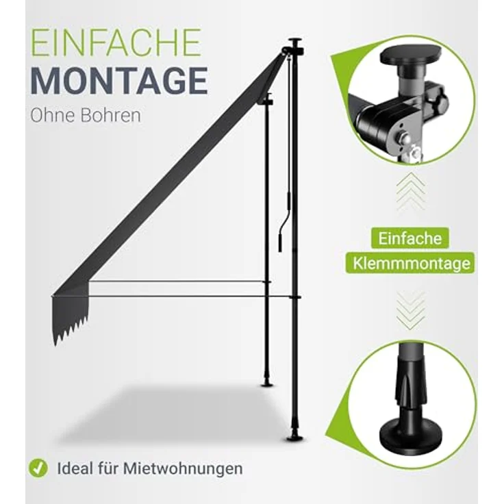 Juskys Klemmmarkise Kapstadt 200x120 cm - Höhenverstellbar & UV-beständig - Balkon & Terrasse - Wetterfest & Sichtschutz - Terrassenüberdachung Grau – Bild 3