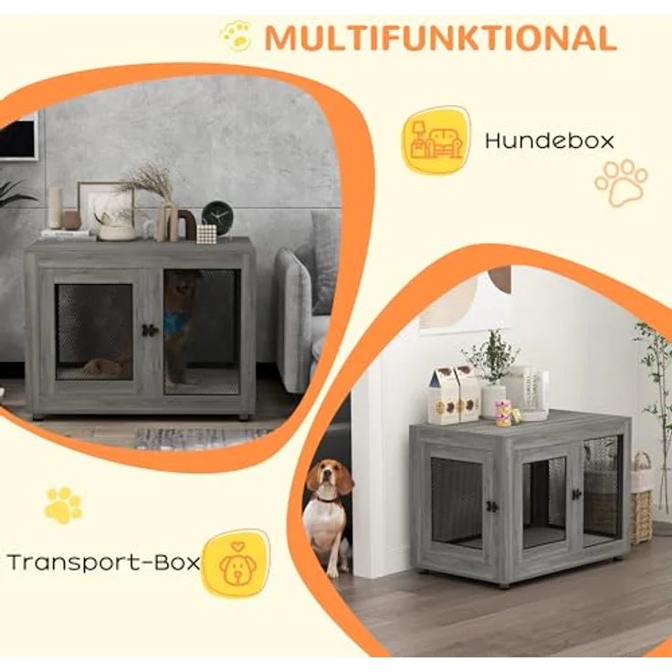 PawHut Hundekäfig für Zuhause, Hundebox mit 2 Türen, Waschbarem Kissen, Verstellbaren Füßen, für große Hunde bis 30 kg, Grau, 94 x 60 x 71,5 cm – Bild 4