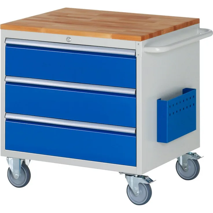 RAU Transportwagen Montagewagen 770x650x795mm, 3 Schubladen mit 75 kg Tragfähigkeit, lichtgrau/enzianblau, komplett montiert, Made in Germany
