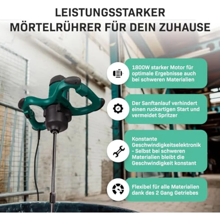 VONROC Mörtelrührer inkl. Rührwerk [1800W], Betonmischer Quirl mit Sanftanlauf, 2 Geschwindigkeitsmodi, ergonomischer Griff, 3 Meter Gummikabel – Bild 2